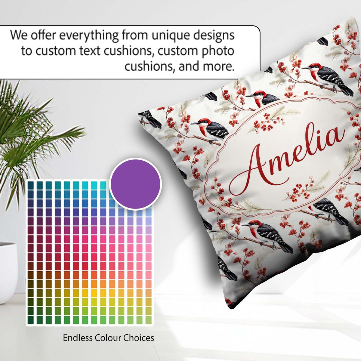 Custom Name Realistic Headed Woodpecker on Berry Branch Seamless Square Filled Cushion Throw Pillow Sofa Bed Home Decor Zip Washable UK Made