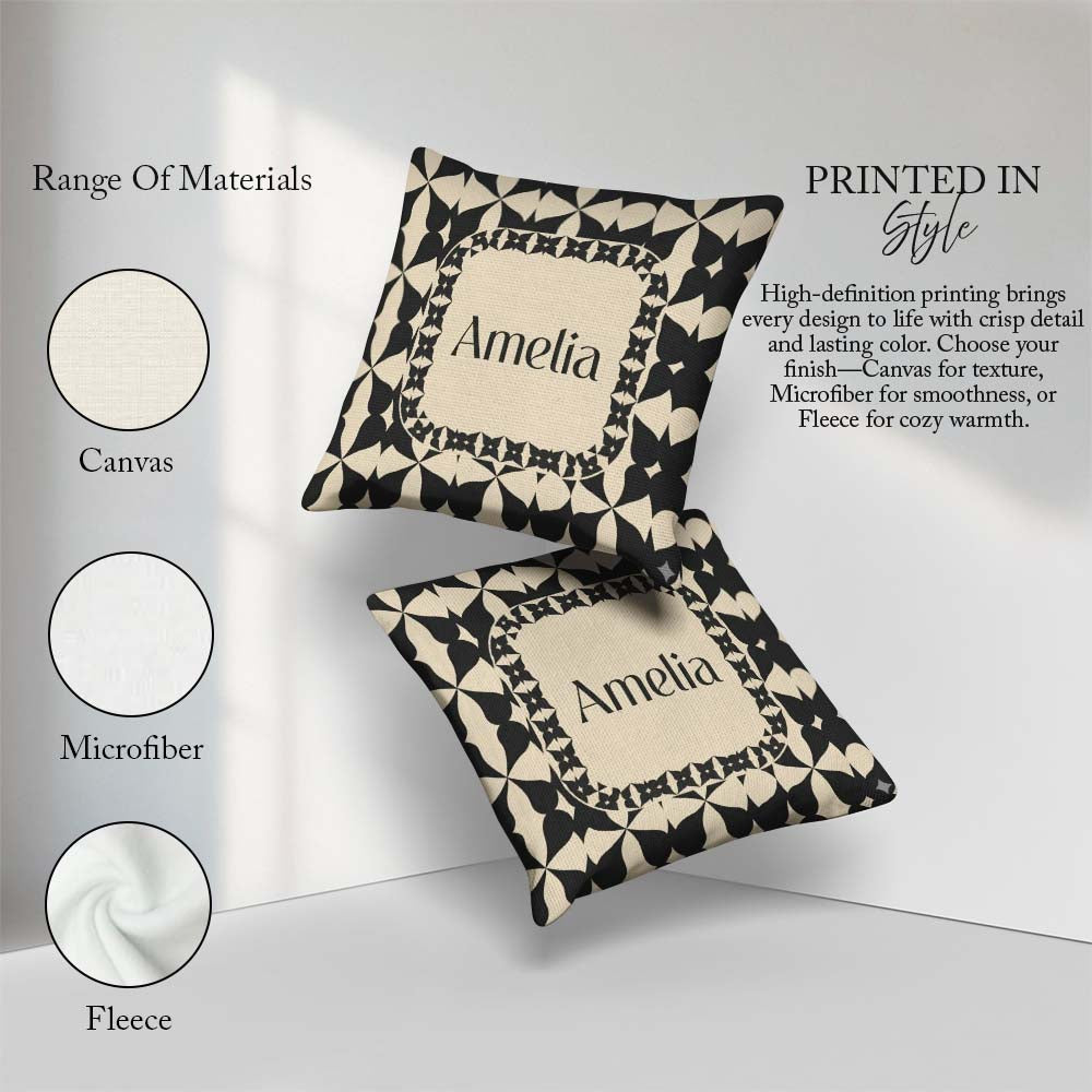 Custom Name Symmetrical Petal Tile Black Cream Geometric Pattern Square Filled Cushion Throw Pillow Sofa Bed Home Decor Zip Washable UK Made