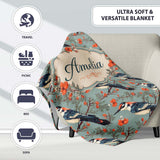 Vintage Style Bird with Red Flowers on Blue Background Seamless  Personalised Custom Name Super Soft Fleece Blanket Bed Sofa Throw