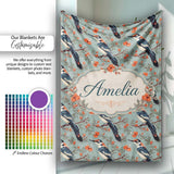 Vintage Style Bird with Red Flowers on Blue Background Seamless  Personalised Custom Name Super Soft Fleece Blanket Bed Sofa Throw