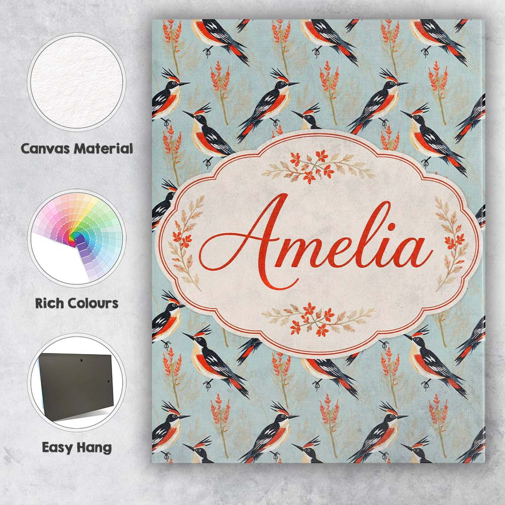 Personalised Name Stylized Woodpecker Birds Custom  Bespoke Interior Contemporary Canvas Wall Art Print Decor Picture Ready to Hang