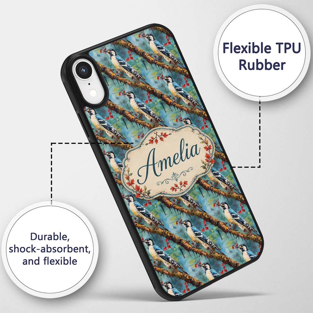 Artistic Blue Woodpecker on Tree Branch Seamless Custom Name Protective Phone Case Mobile Cover Durable Everyday Smartphone Shock Resistant
