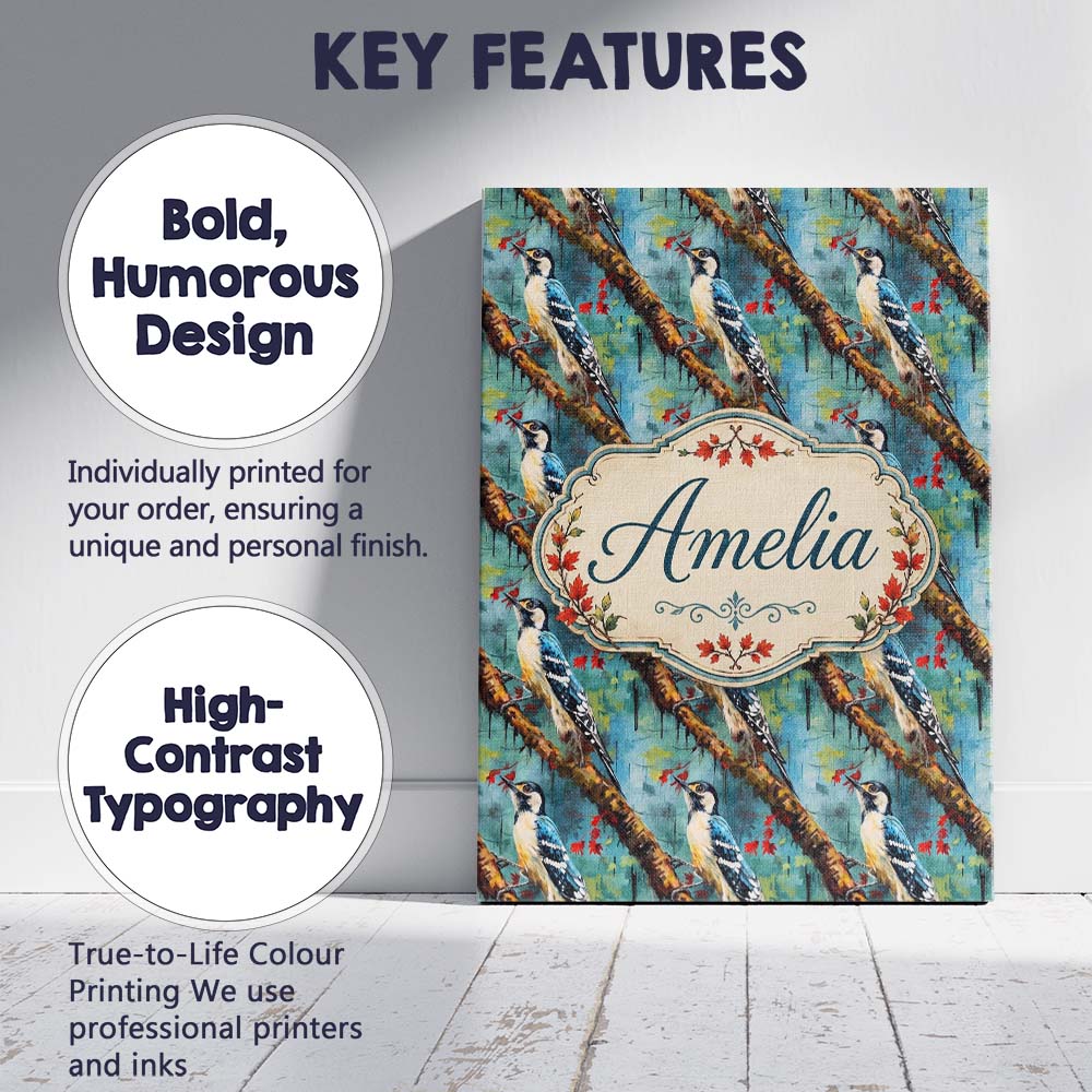 Personalised Name Artistic Blue Woodpecker Custom  Unique Gift Idea Elegant Feature Canvas Wall Art Print Decor Picture Ready to Hang