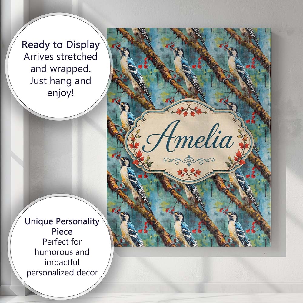 Personalised Name Artistic Blue Woodpecker Custom  Unique Gift Idea Elegant Feature Canvas Wall Art Print Decor Picture Ready to Hang