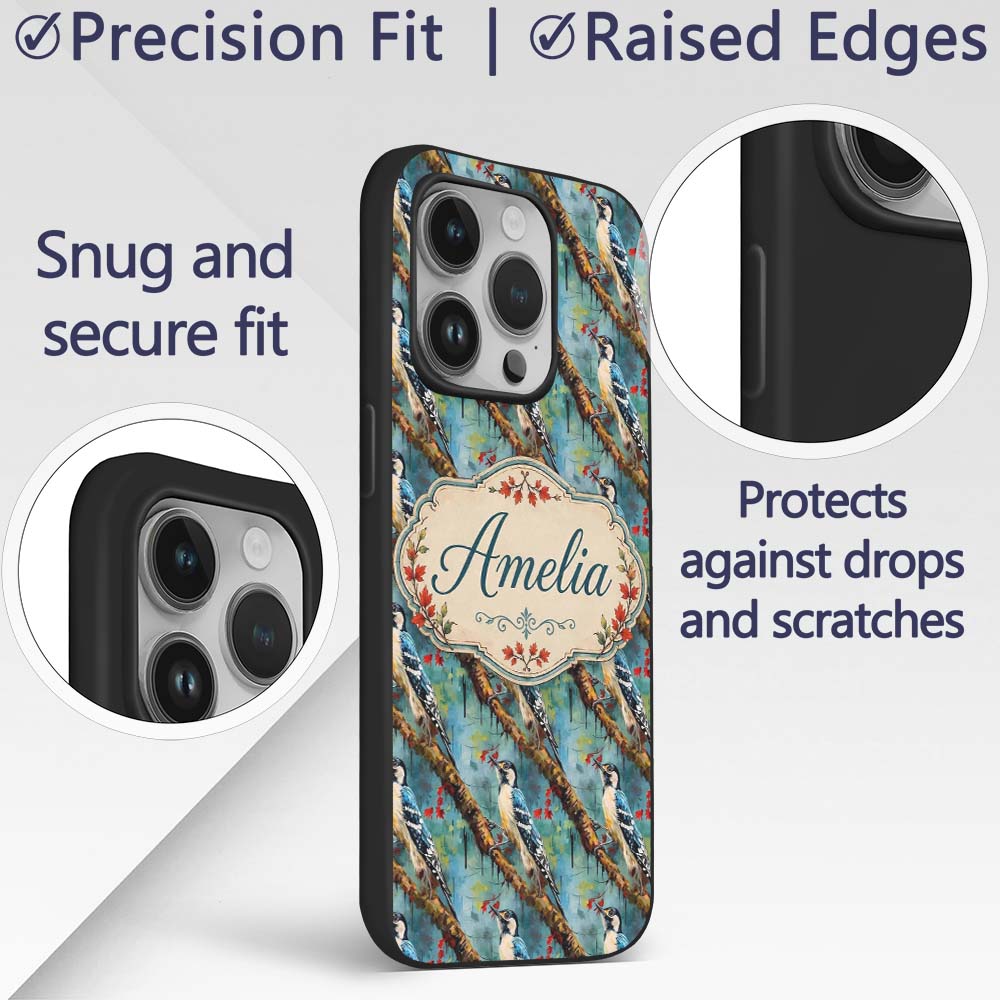 Artistic Blue Woodpecker on Tree Branch Seamless Custom Name Protective Phone Case Mobile Cover Durable Everyday Smartphone Shock Resistant