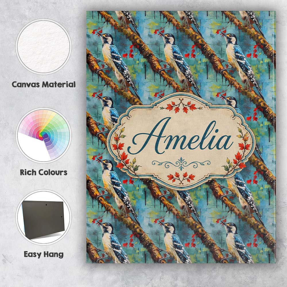 Personalised Name Artistic Blue Woodpecker Custom  Unique Gift Idea Elegant Feature Canvas Wall Art Print Decor Picture Ready to Hang