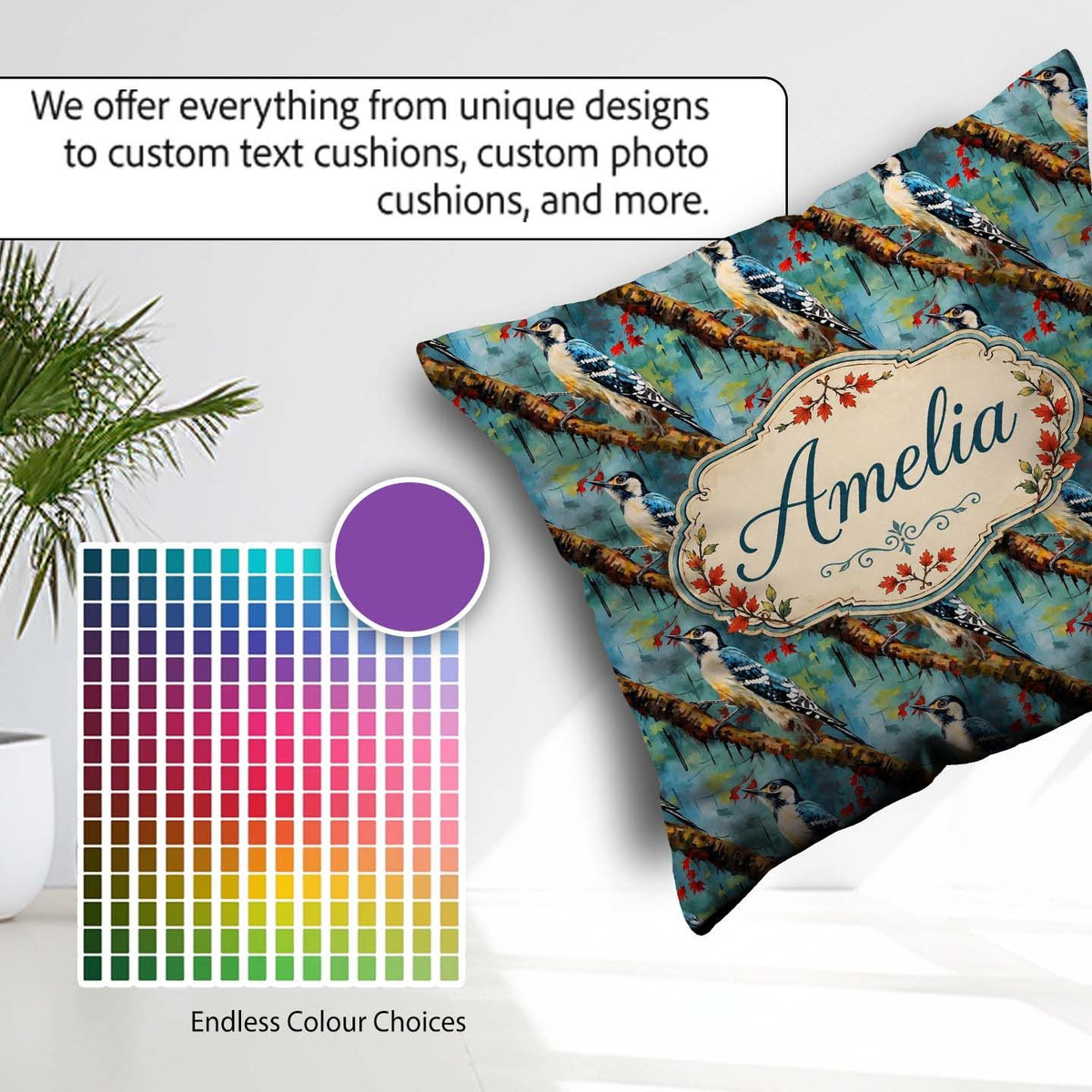 Custom Name Artistic Blue on Tree Branch Seamless Pattern Lovely Square Filled Cushion Throw Pillow Sofa Bed Home Decor Zip Washable UK Made