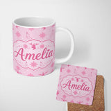 Personalized Custom Name Cute Reindeer Snowflake Stocking Pink Seamless Pattern Lovely 11oz Ceramic Coffee Tea Mug White Large Handle