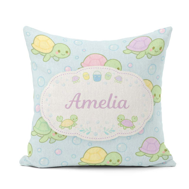 Custom Name Cute Pastel Turtle Cartoon Animal Ocean Pattern Cup Square Filled Cushion Throw Pillow Sofa Bed Home Decor Zip Washable UK Made