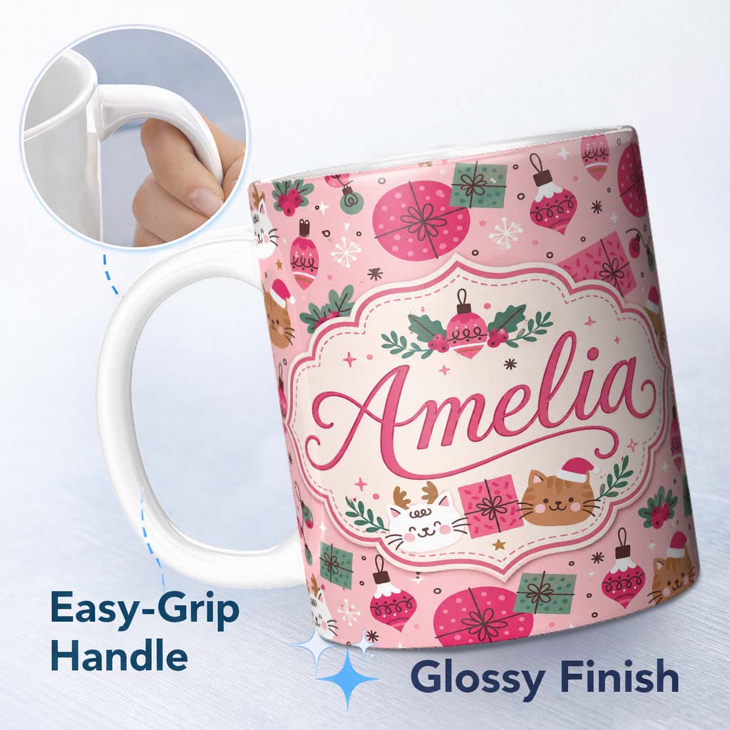 Personalized Custom Name Cute Christmas Cats Gifts and Baubles Pink Festive Seamless Pattern 11oz Ceramic Coffee Tea Mug White Large Handle
