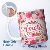 Personalized Custom Name Cute Christmas Cats Gifts and Baubles Pink Festive Seamless Pattern 11oz Ceramic Coffee Tea Mug White Large Handle