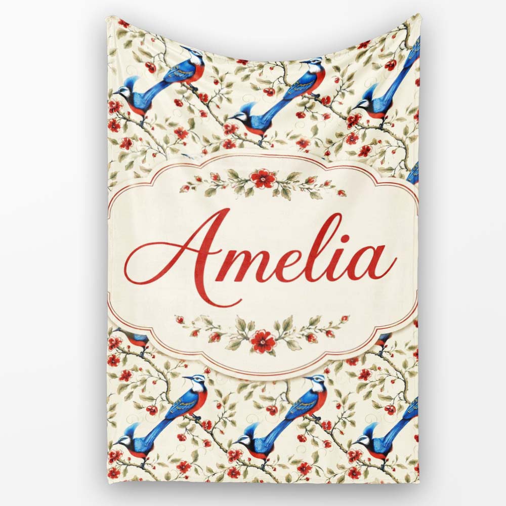 Elegant Blue and Red Birds with Floral Branch Seamless Pattern  Personalised Custom Name Super Soft Fleece Blanket Bed Sofa Throw
