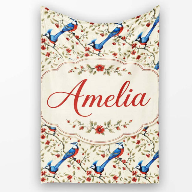 Elegant Blue and Red Birds with Floral Branch Seamless Pattern  Personalised Custom Name Super Soft Fleece Blanket Bed Sofa Throw