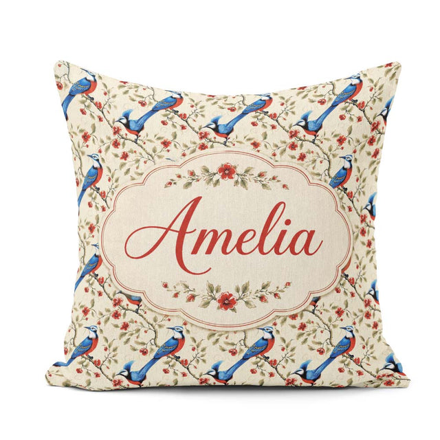 Custom Name Elegant and Red Birds Floral Branch Seamless Pattern Square Filled Cushion Throw Pillow Sofa Bed Home Decor Zip Washable UK Made