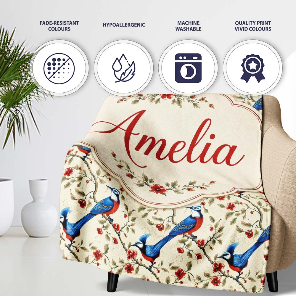 Elegant Blue and Red Birds with Floral Branch Seamless Pattern  Personalised Custom Name Super Soft Fleece Blanket Bed Sofa Throw