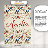 Elegant Blue and Red Birds with Floral Branch Seamless Pattern  Personalised Custom Name Super Soft Fleece Blanket Bed Sofa Throw