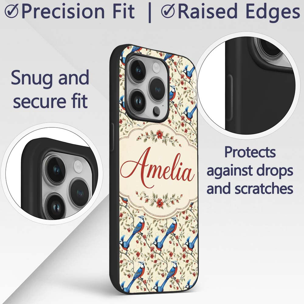 Elegant Blue and Red Birds with Floral Branch Custom Name Protective Phone Case Mobile Cover Durable Everyday Smartphone Shock Resistant