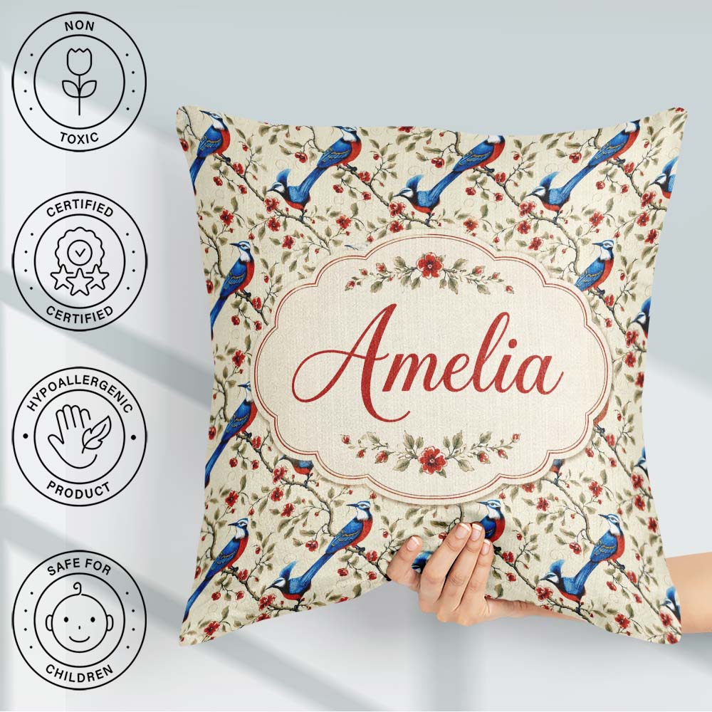 Custom Name Elegant and Red Birds Floral Branch Seamless Pattern Square Filled Cushion Throw Pillow Sofa Bed Home Decor Zip Washable UK Made