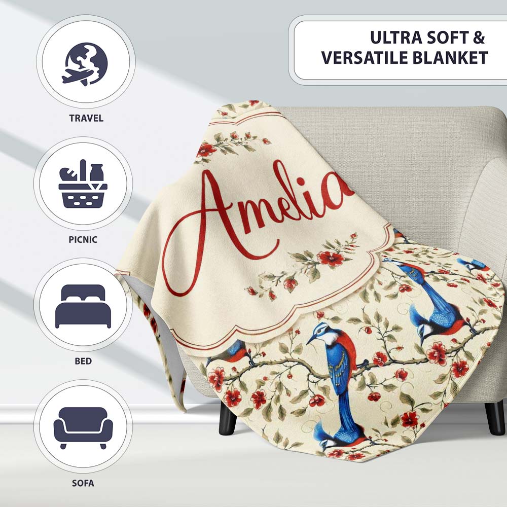 Elegant Blue and Red Birds with Floral Branch Seamless Pattern  Personalised Custom Name Super Soft Fleece Blanket Bed Sofa Throw