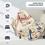Elegant Blue and Red Birds with Floral Branch Seamless Pattern  Personalised Custom Name Super Soft Fleece Blanket Bed Sofa Throw