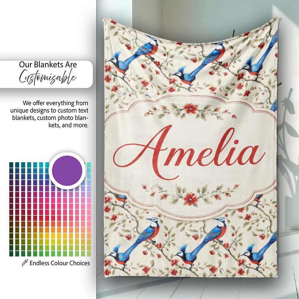 Elegant Blue and Red Birds with Floral Branch Seamless Pattern  Personalised Custom Name Super Soft Fleece Blanket Bed Sofa Throw
