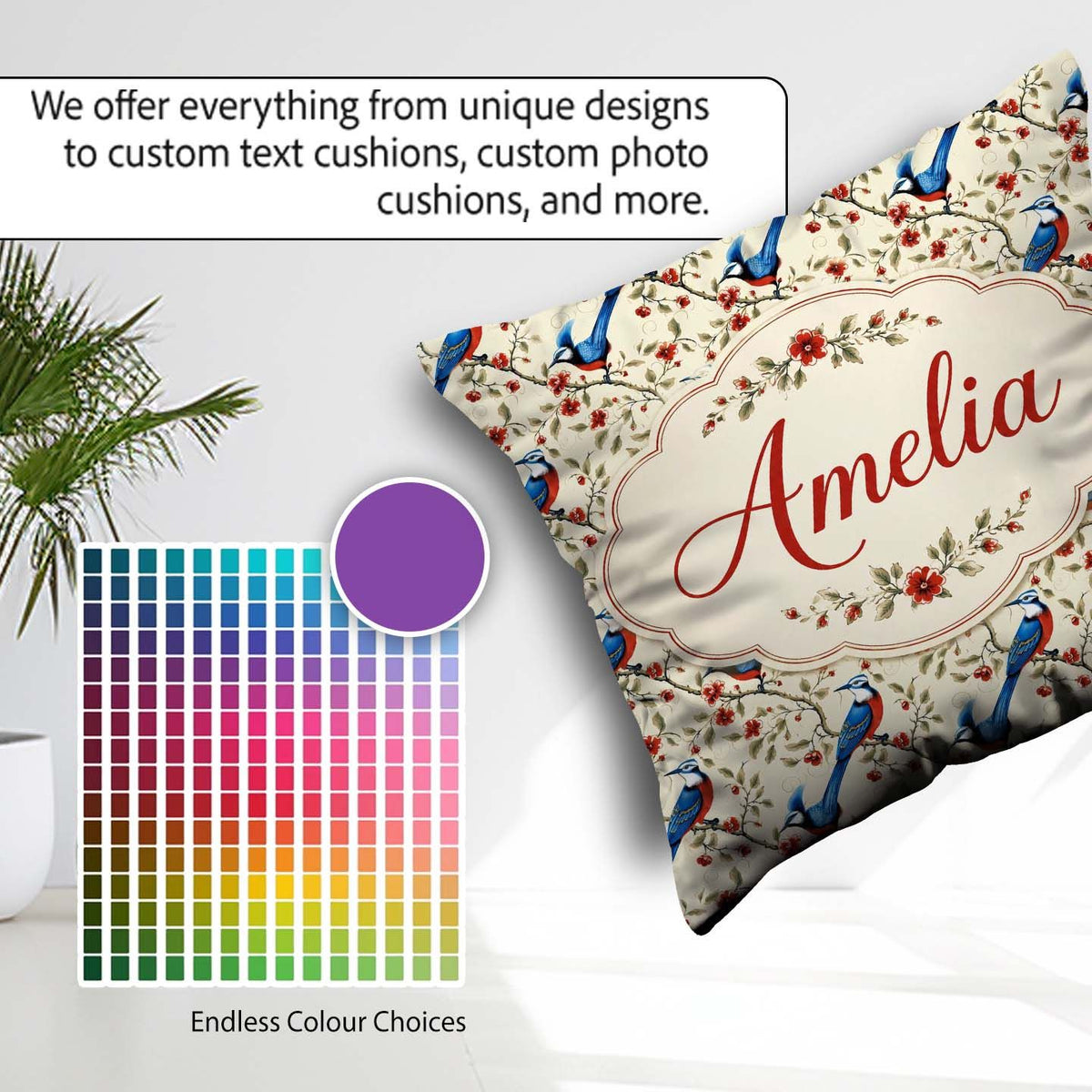 Custom Name Elegant and Red Birds Floral Branch Seamless Pattern Square Filled Cushion Throw Pillow Sofa Bed Home Decor Zip Washable UK Made