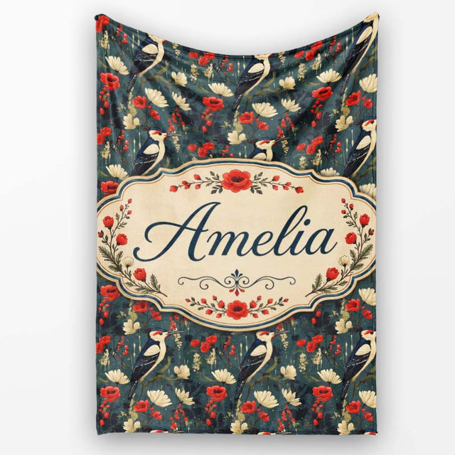Vintage Woodpecker Birds with Floral Garden Seamless Pattern Lovely  Personalised Custom Name Super Soft Fleece Blanket Bed Sofa Throw