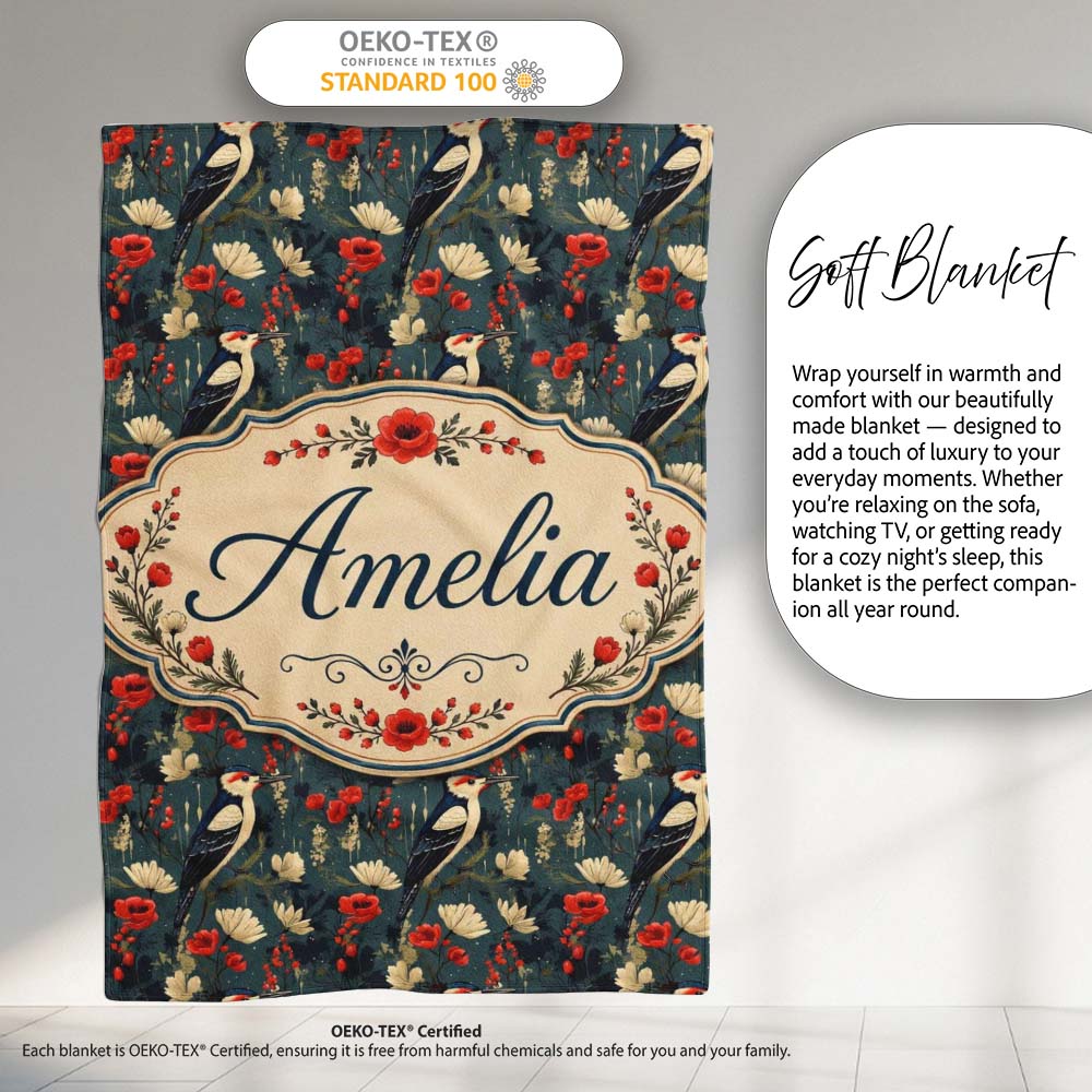 Vintage Woodpecker Birds with Floral Garden Seamless Pattern Lovely  Personalised Custom Name Super Soft Fleece Blanket Bed Sofa Throw