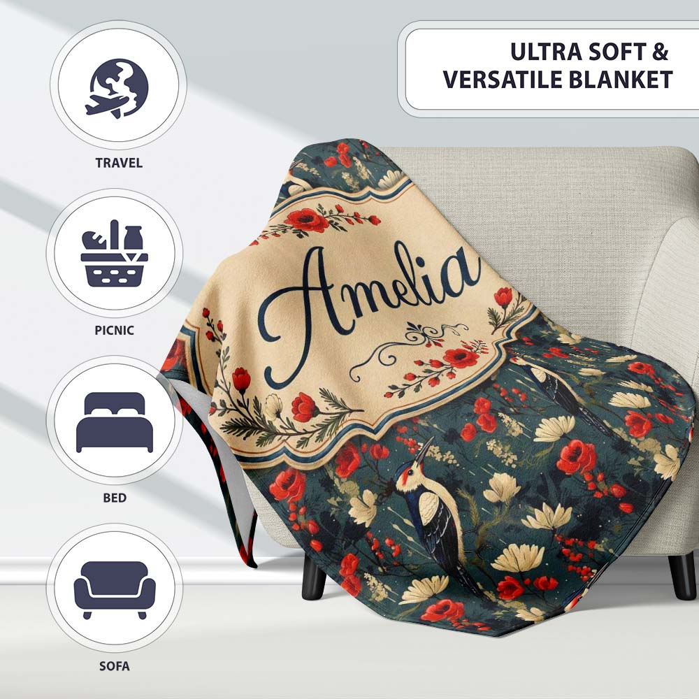 Vintage Woodpecker Birds with Floral Garden Seamless Pattern Lovely  Personalised Custom Name Super Soft Fleece Blanket Bed Sofa Throw