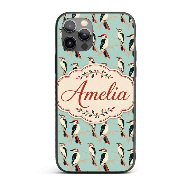 Minimal Red and Black Woodpecker Birds on Branch Custom Name Protective Phone Case Mobile Cover Durable Everyday Smartphone Shock Resistant
