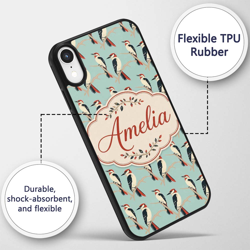 Minimal Red and Black Woodpecker Birds on Branch Custom Name Protective Phone Case Mobile Cover Durable Everyday Smartphone Shock Resistant