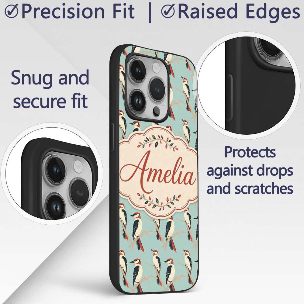 Minimal Red and Black Woodpecker Birds on Branch Custom Name Protective Phone Case Mobile Cover Durable Everyday Smartphone Shock Resistant