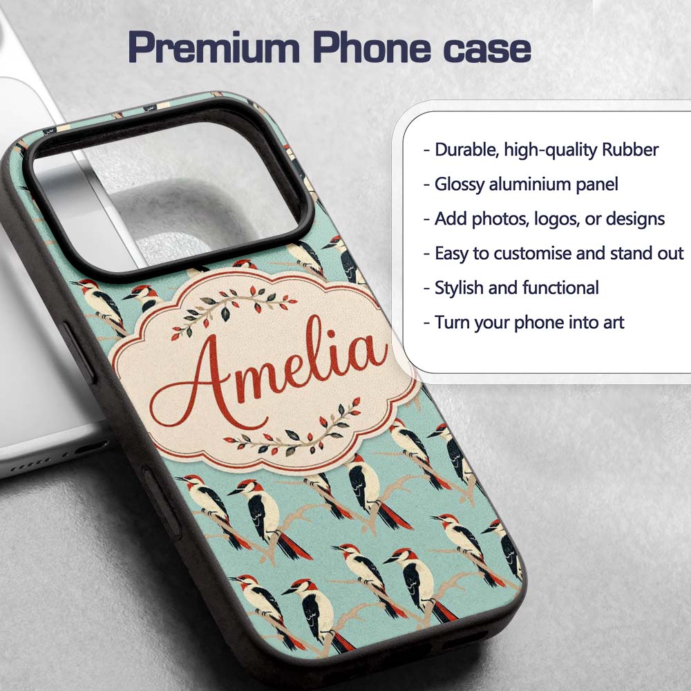 Minimal Red and Black Woodpecker Birds on Branch Custom Name Protective Phone Case Mobile Cover Durable Everyday Smartphone Shock Resistant