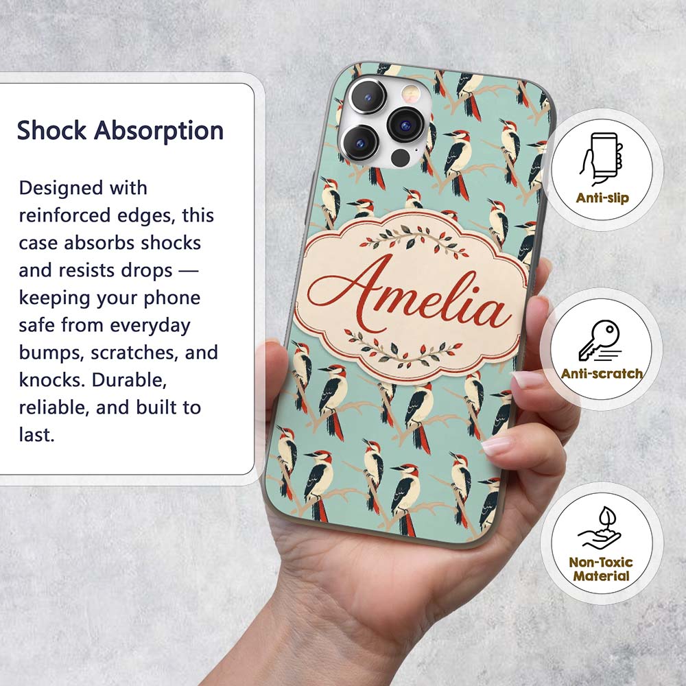 Minimal Red and Black Woodpecker Birds on Branch Custom Name Protective Phone Case Mobile Cover Durable Everyday Smartphone Shock Resistant
