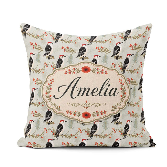Custom Name Classic Black White Woodpecker Berry Branch Seamless Square Filled Cushion Throw Pillow Sofa Bed Home Decor Zip Washable UK Made