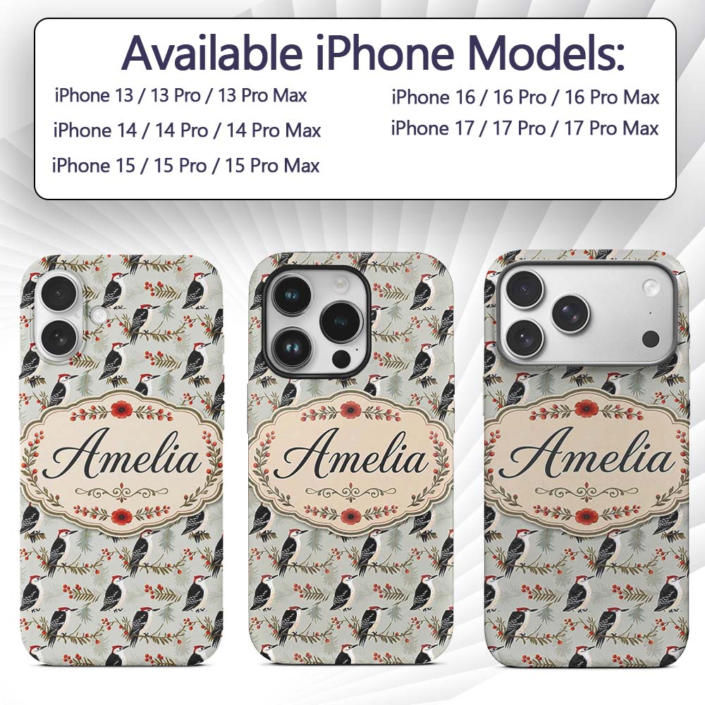 Classic Black White Woodpecker with Berry Branch Custom Name Protective Phone Case Mobile Cover Durable Everyday Smartphone Shock Resistant