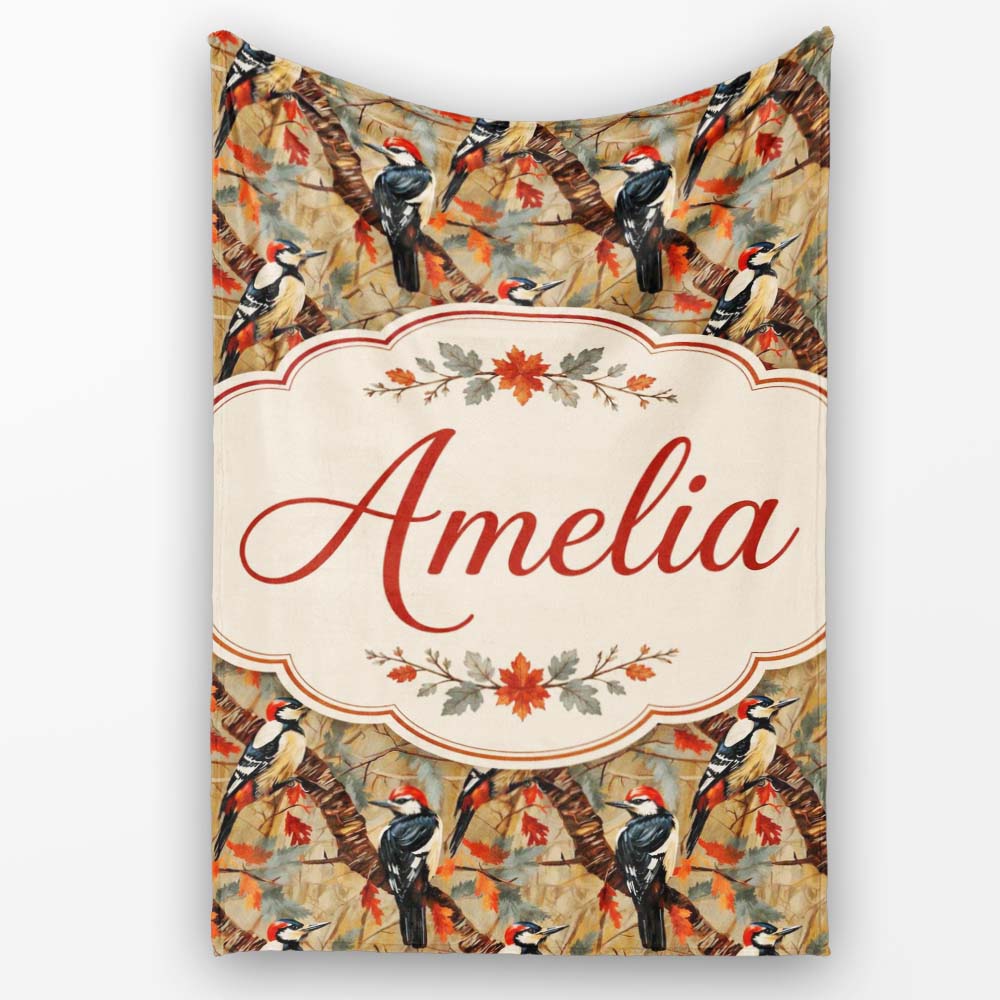 Autumn Woodpecker Birds with Orange Leaves Seamless Pattern Lovely  Personalised Custom Name Super Soft Fleece Blanket Bed Sofa Throw