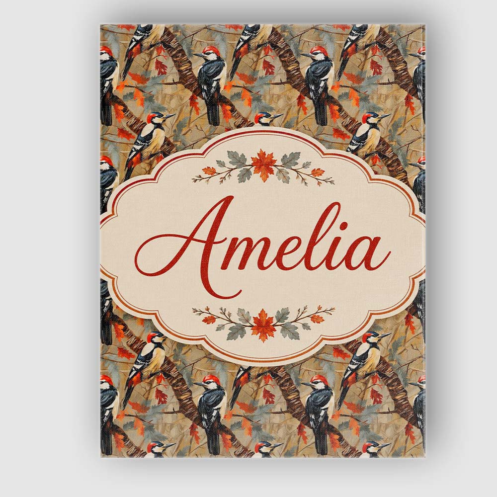 Personalised Name Autumn Woodpecker Birds Custom  Unique Gift Idea Elegant Feature Canvas Wall Art Print Decor Picture Ready to Hang