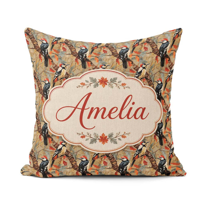 Custom Name Autumn Woodpecker Birds with Orange Seamless Pattern Square Filled Cushion Throw Pillow Sofa Bed Home Decor Zip Washable UK Made