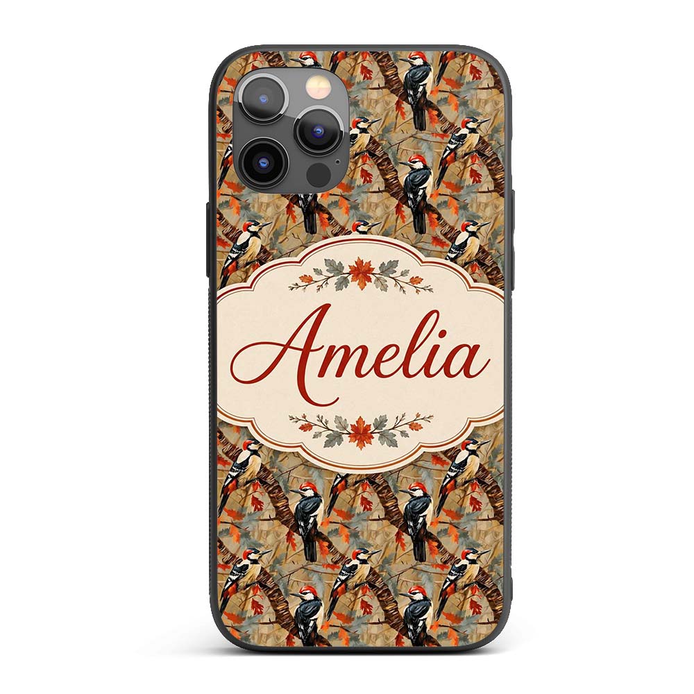 Autumn Woodpecker Birds with Decorative Design Custom Name Protective Phone Case Mobile Cover Durable Everyday Smartphone Shock Resistant