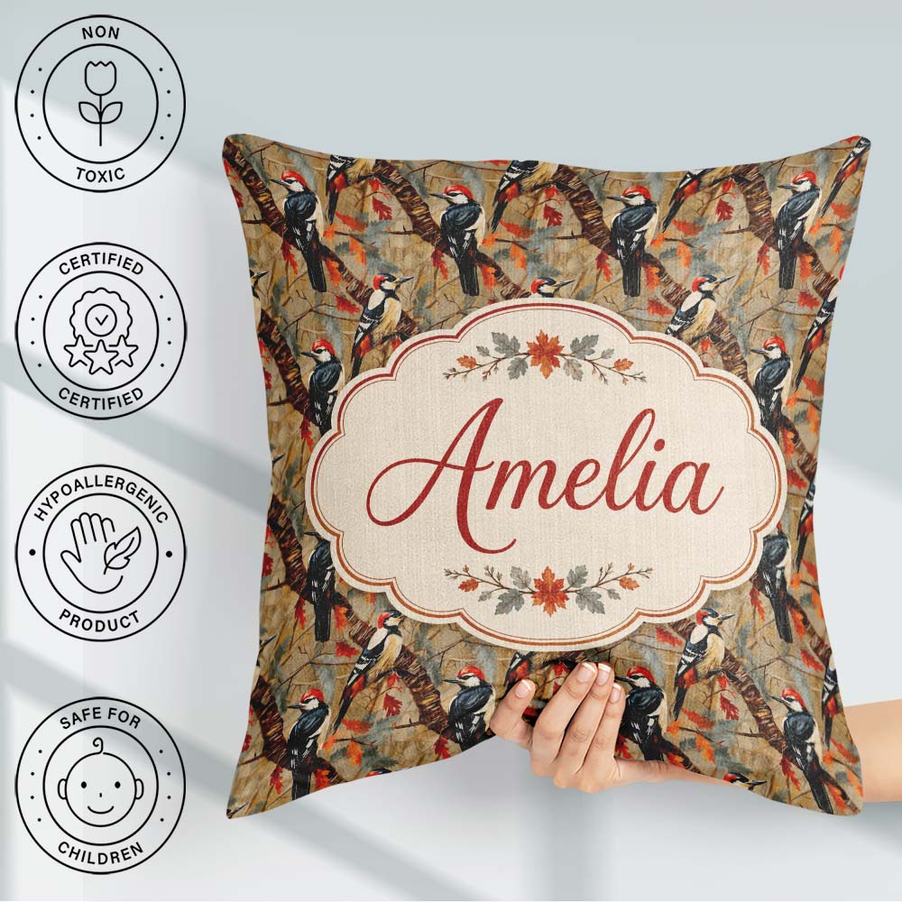 Custom Name Autumn Woodpecker Birds with Orange Seamless Pattern Square Filled Cushion Throw Pillow Sofa Bed Home Decor Zip Washable UK Made