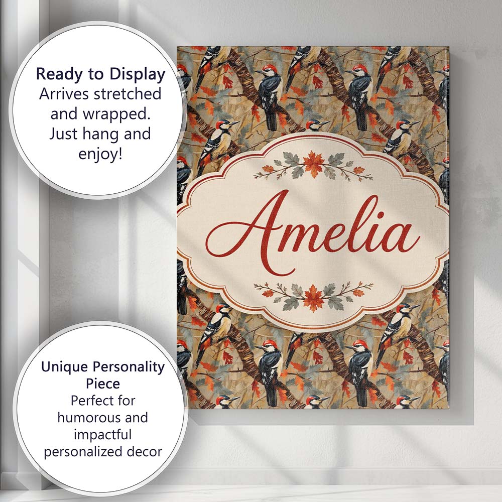Personalised Name Autumn Woodpecker Birds Custom  Unique Gift Idea Elegant Feature Canvas Wall Art Print Decor Picture Ready to Hang