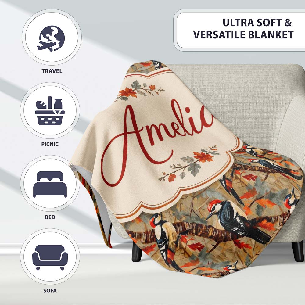 Autumn Woodpecker Birds with Orange Leaves Seamless Pattern Lovely  Personalised Custom Name Super Soft Fleece Blanket Bed Sofa Throw