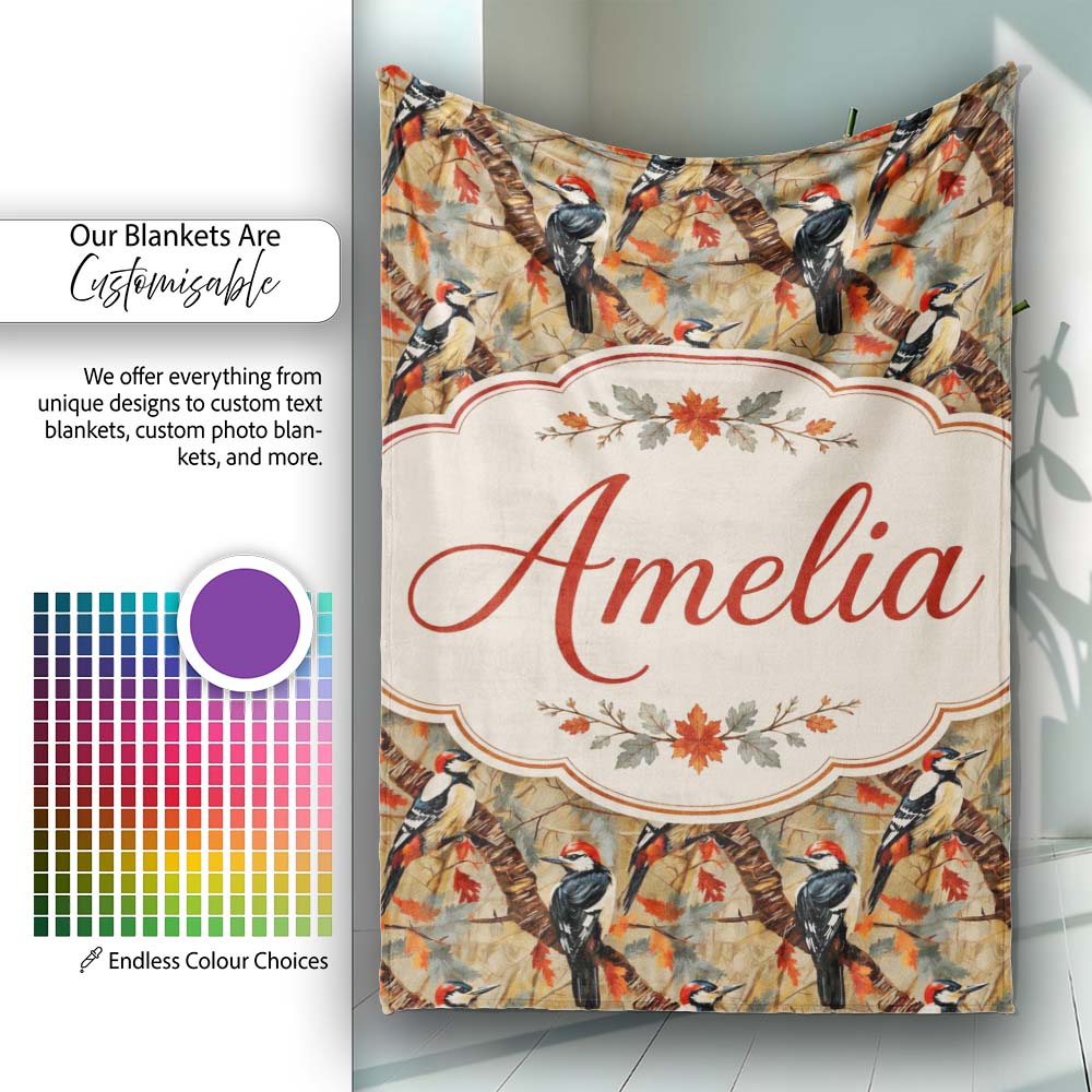 Autumn Woodpecker Birds with Orange Leaves Seamless Pattern Lovely  Personalised Custom Name Super Soft Fleece Blanket Bed Sofa Throw