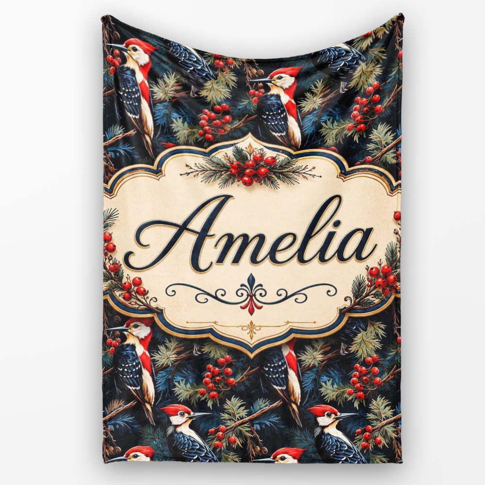 Dark Forest Woodpecker Birds with Berries Seamless Pattern Lovely  Personalised Custom Name Super Soft Fleece Blanket Bed Sofa Throw