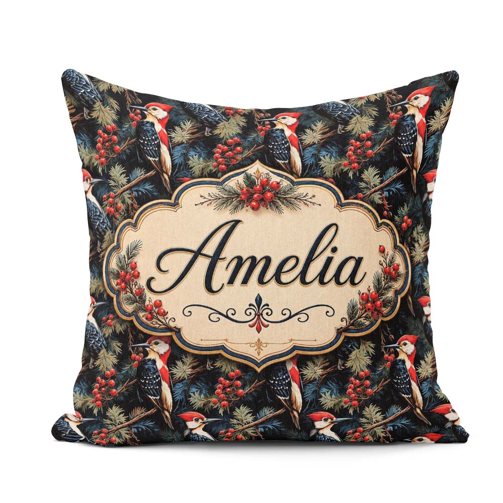 Custom Name Dark Forest Woodpecker with Berries Seamless Pattern Square Filled Cushion Throw Pillow Sofa Bed Home Decor Zip Washable UK Made