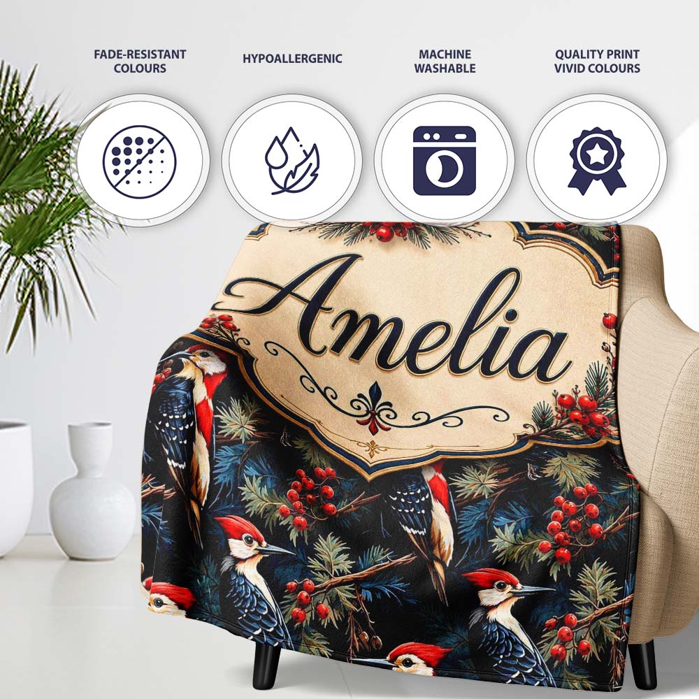 Dark Forest Woodpecker Birds with Berries Seamless Pattern Lovely  Personalised Custom Name Super Soft Fleece Blanket Bed Sofa Throw