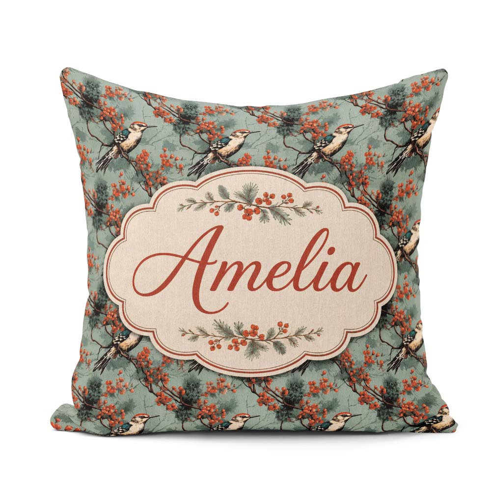 Custom Name Decorative Bird with Red Berry Branch Pattern Lovely Square Filled Cushion Throw Pillow Sofa Bed Home Decor Zip Washable UK Made