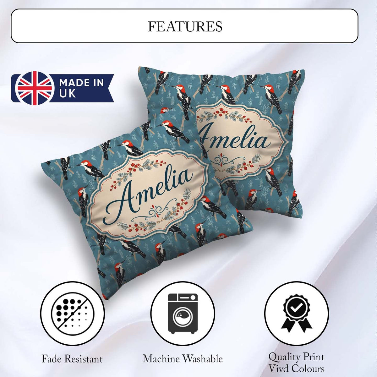 Custom Name Red Headed Woodpecker Birds on Blue Forest Seamless Square Filled Cushion Throw Pillow Sofa Bed Home Decor Zip Washable UK Made