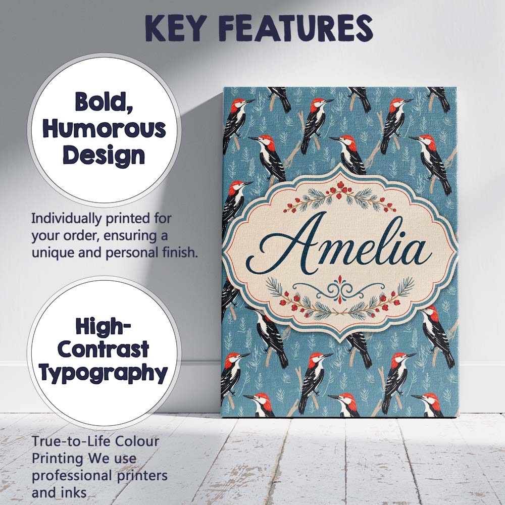 Personalised Name Red Headed Woodpecker Custom  Modern Room Accent Elegant Feature Canvas Wall Art Print Decor Picture Ready to Hang
